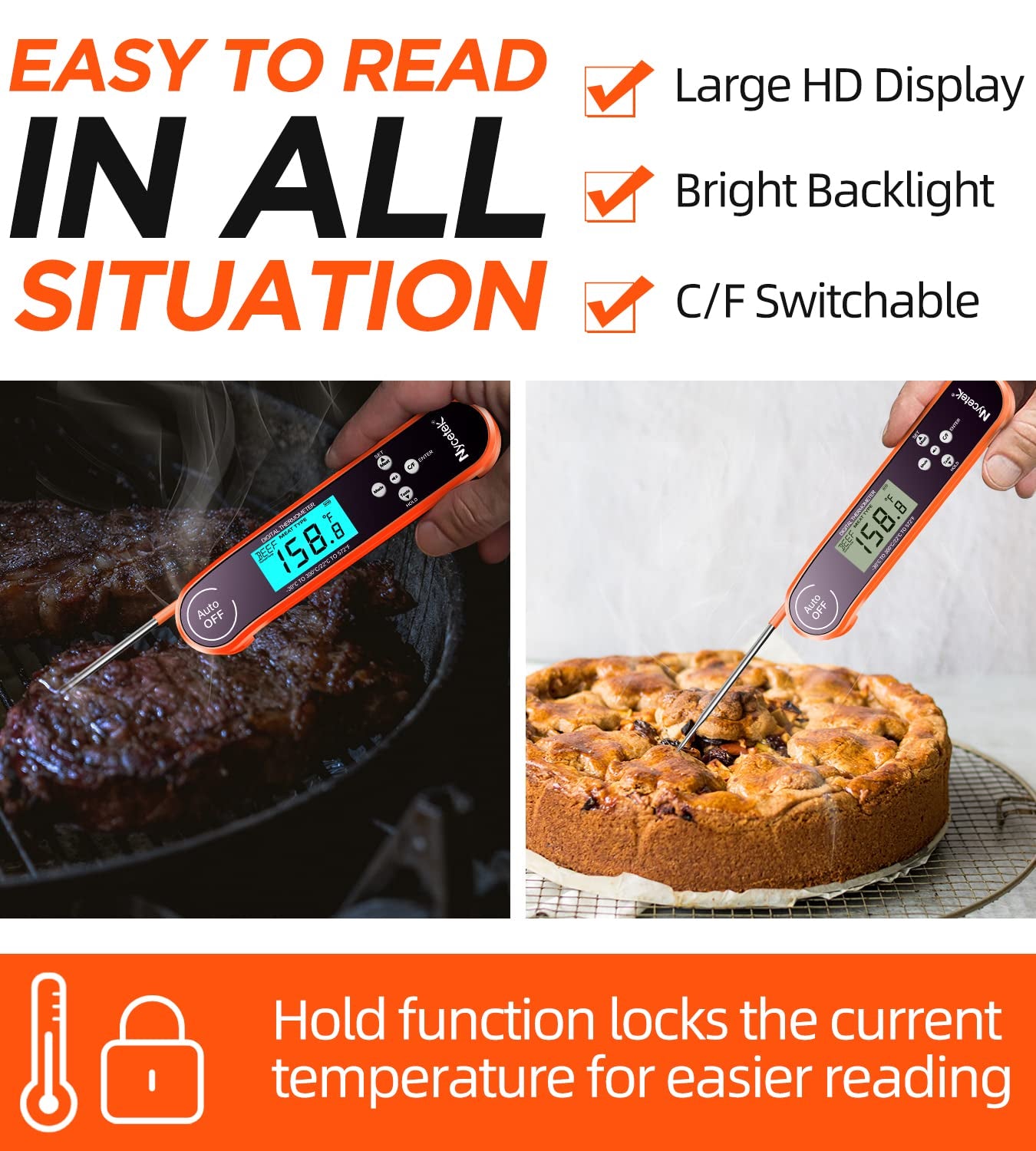 Digital Cooking Thermometer, Accurate & Waterproof Instant Read Meat Thermometer with Backlit, Calibration, Probe, Food Thermometer for Kitchen, Grilling, Candy, BBQ, Oil Fry, Baking and More