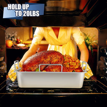 15¼" Roasting Pan with Rack, 7 PCS P&P CHEF Stainless Steel Roaster Lasagna Pan with Cooling Flat & V-Shaped Baking Rack, Grilling Chicken Holder, Meat Shredding Claws, Dishwasher & Oven Safe