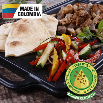 Rectangular Cast Iron Griddle. Double Burner Griddle, Reversible Griddle Grill, 13 X 8.5 Inch, Seasoned with 100% Kosher Certified Non-Gmo Flaxseed Oil, Model: GDL-189