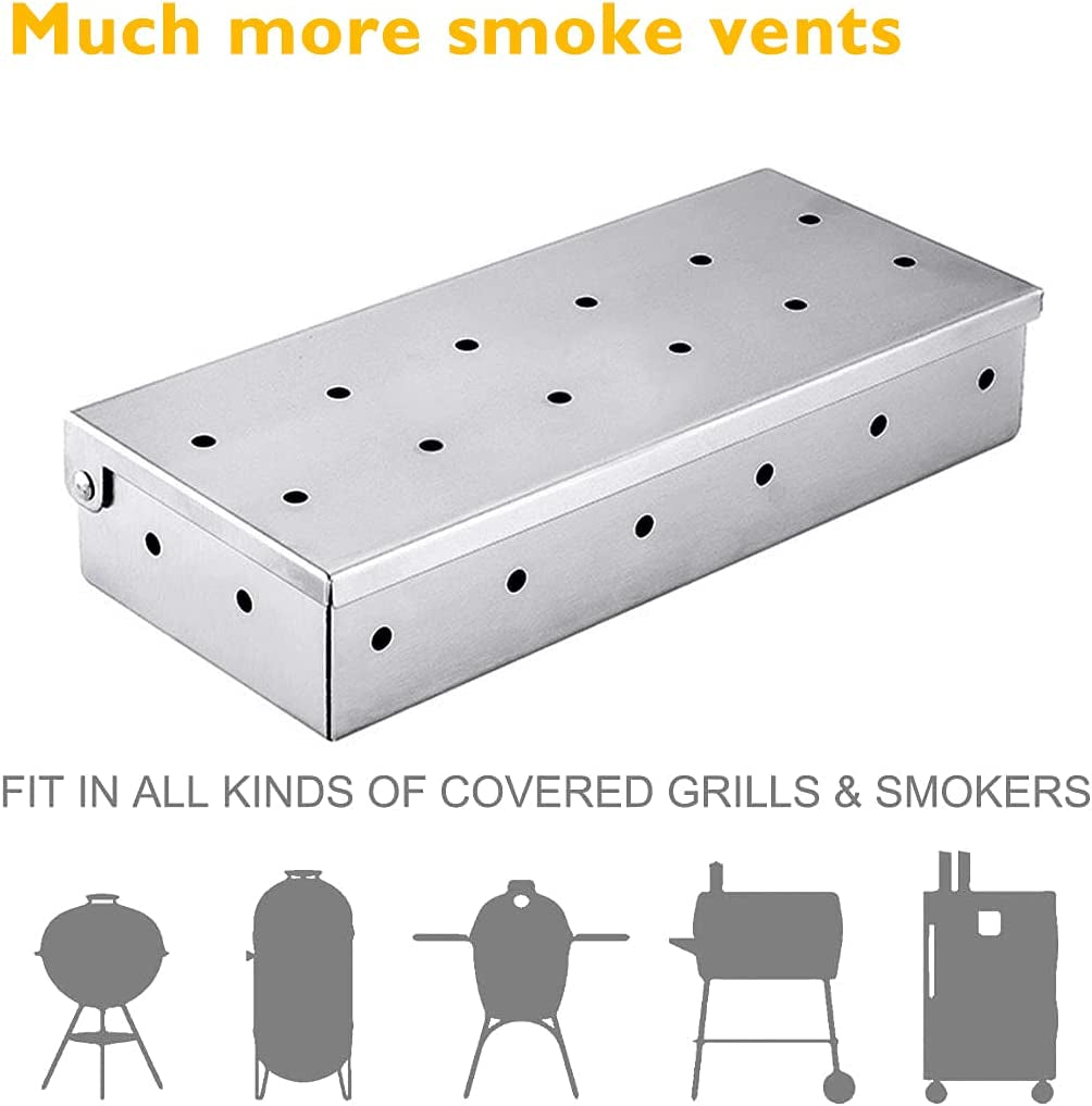 Stainless Steel BBQ Smoker Box for Grilling Barbecue Wood Chips on Gas Grill or Charcoal Grill Grilling Accessories with Basting Brush