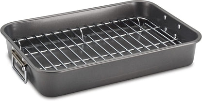 Farberware Bakeware Nonstick Steel Roaster with Flat Rack, 11-Inch X 15-Inch, Gray