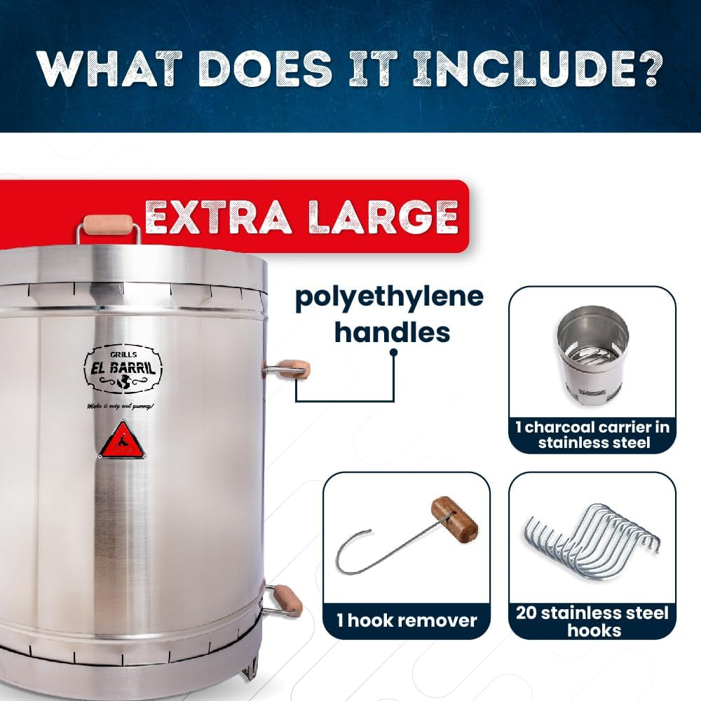 EL BARRIL Grill & Smoker Barrel (EXTRA LARGE)| 100% Stainless Steel Barrel| You Can Grill, Smoke, Roast and Bake| Smokeless, Even Heat Distribution & Perfect Preservation for Your Meats