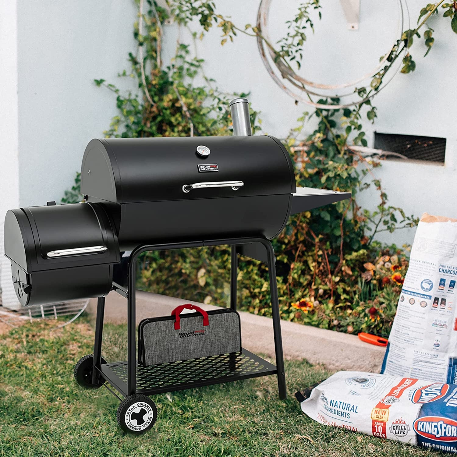 CC1830M 30-Inch Barrel Charcoal Grill with Offset Smoker, 811 Square Inches, Outdoor Backyard, Patio and Parties, Black, Large