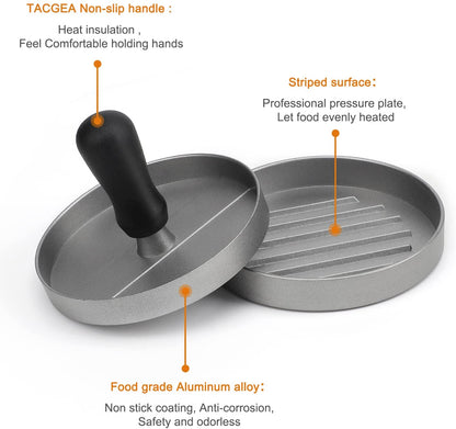 TACGEA Burger Press with 150 Patty Papers, Non-Stick Hamburger Patty Maker with Wax Paper, Aluminum Burger Maker for Kitchen BBQ Grill