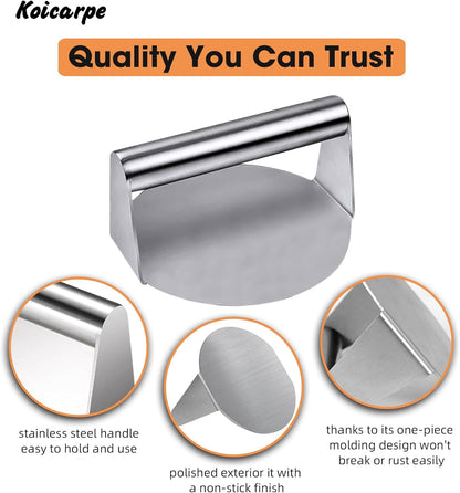 Koicarpe Burger Press - 5.5" Stainless Steel Burger Smasher Tool - Smooth & Non-Stick Surface - round Utensil for Grilling Meat Patty, Steak, Hot Dog, Grill Flattener for Steaks, Panini, Sandwich