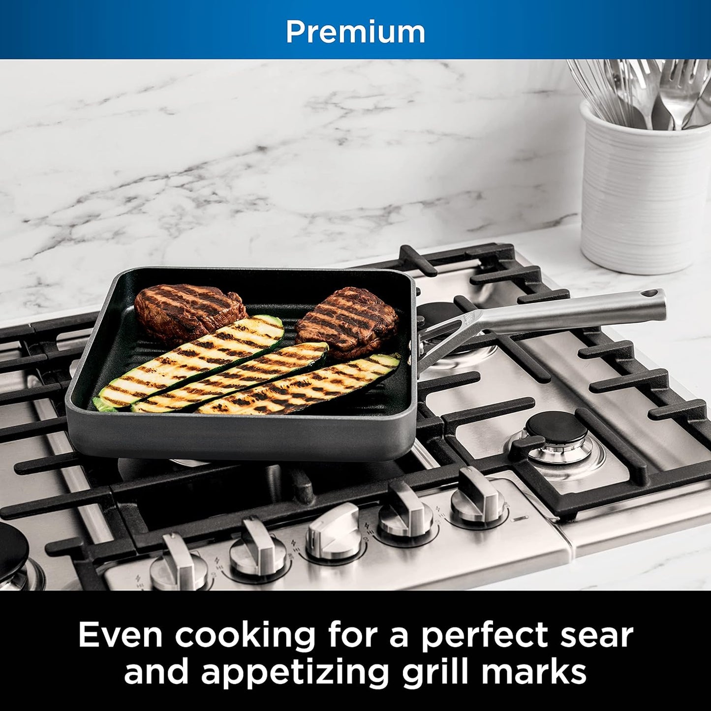 C30528 Foodi Neverstick Premium 11-Inch Square Grill Pan, Hard-Anodized, Nonstick, Durable & Oven Safe to 500°F, Slate Grey