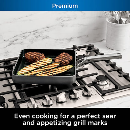 C30528 Foodi Neverstick Premium 11-Inch Square Grill Pan, Hard-Anodized, Nonstick, Durable & Oven Safe to 500°F, Slate Grey
