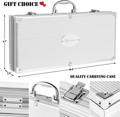 30Pcs Stainless Steel Grill Tool Set, Heavy Duty BBQ Grilling Accessories for Men Women, Non-Slip Grill Utensils Kit with Thermometer Mats in Aluminum Case for Outdoor, Camping Silver