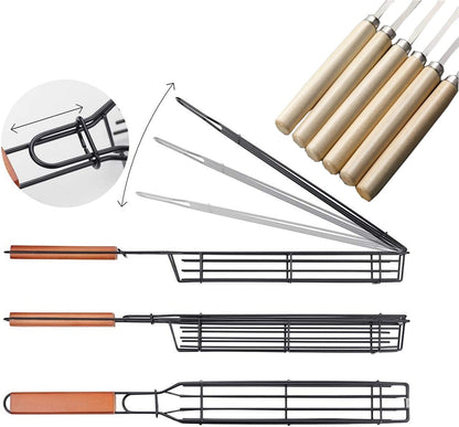 Kabob Grilling Basket Grilling Skewers Nonstick Kabob Grill Baskets Set of 6 & 6 Barbecue Skewers,Grilling & BBQ Utensils, Grill Basket for Vegetables with Handle Grilling Baskets for Outdoor Grilling