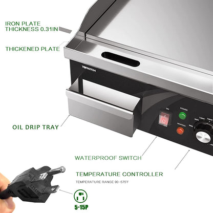 Electric Griddle, 14 Inch Flat Top Grill Commercial Electric Griddles Stainless Steel Adjustable Temperature Control 90℉-575℉ for Home or Restaurant Use