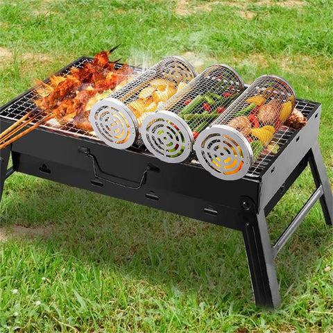 Image of 2PCS Rolling Grilling Basket - Rolling Grilling Baskets for Outdoor Grill, Stainless Steel Wire Mesh Cylinder Grill Basket, BBQ Accessories, Camping Barbecue Rack for Vegetables, Fish