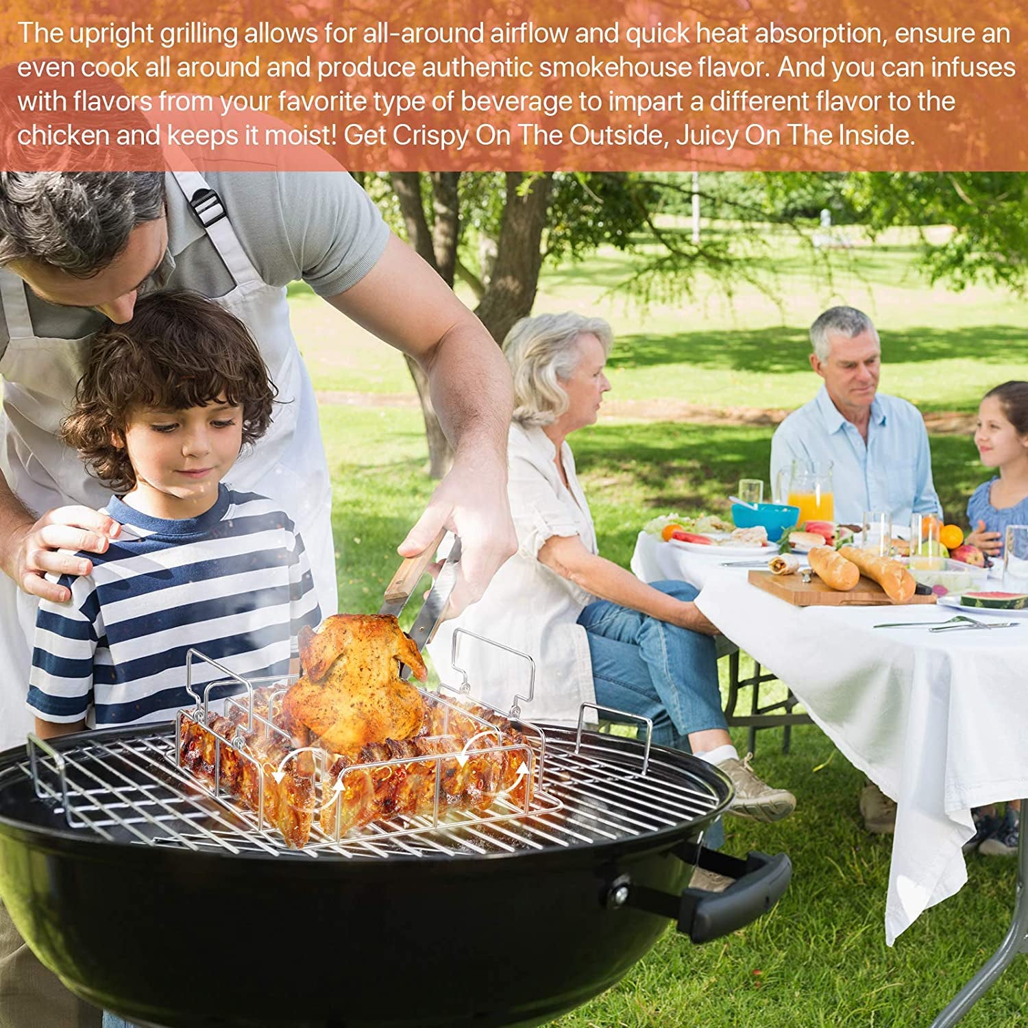 RUSFOL Beercan Chicken Roaster and Rib Rack with a Silicone Oil Brush, Square Stainless Steel BBQ Stand for Smoker,Oven and Grill, Cook up to 4 Ribs and a Whole Chicken at a Time