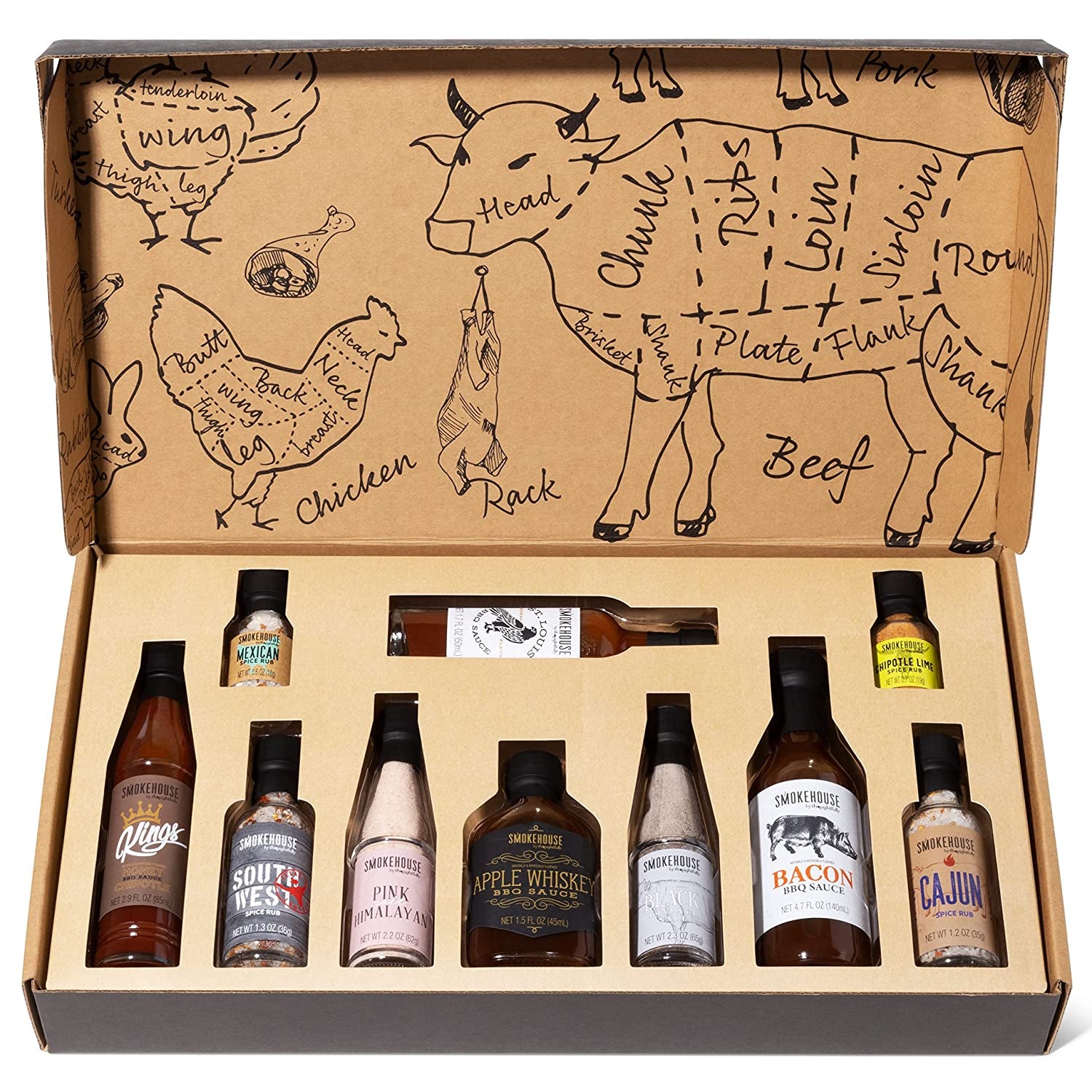 Smokehouse by Thoughtfully, Ultimate BBQ Sampler Set, Vegan and Vegetarian, Includes a Variety of Flavorful USA Made BBQ Sauces, Rubs, and Salts for Smoking and Grilling in Sample Size Glass Bottles