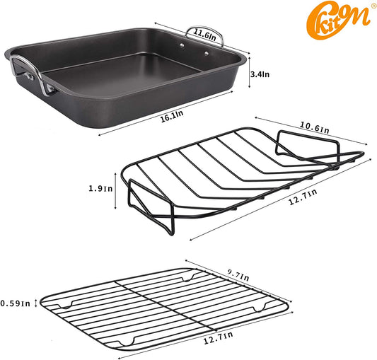 Kitcom Nonstick Roasting Pan, Roaster with Rack - 16 Inch Rectangular Grill Suitable for Turkey, Roast Chicken, Ham, Dishwasher Safe (9.5QT)