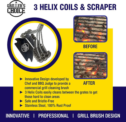 Commercial Grill Brush - 2 Headed Double Helix Coils, Bristle Free, 18" Long Handle, 3 in 1 Professional Barbecue Cleaner, Stainless Steel, All Grill Types.