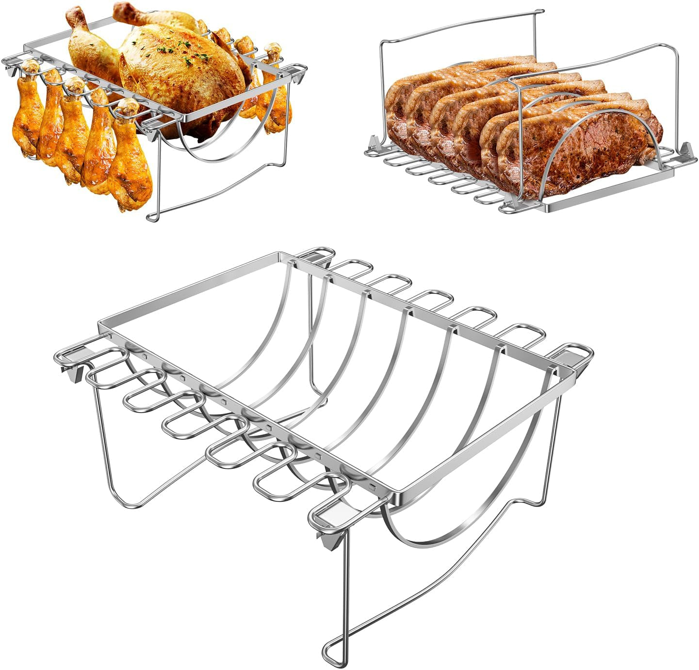 BMMXBI Foldable 3-In-1 Chicken Leg Rib Rack for Grill, Oven, Holds 12 Chicken Leg Wing, 6 Large Ribs, 1 Whole Chicken, Stainless Steel Rib Chicken Drumstick Roasting Racks Smoker Accessories