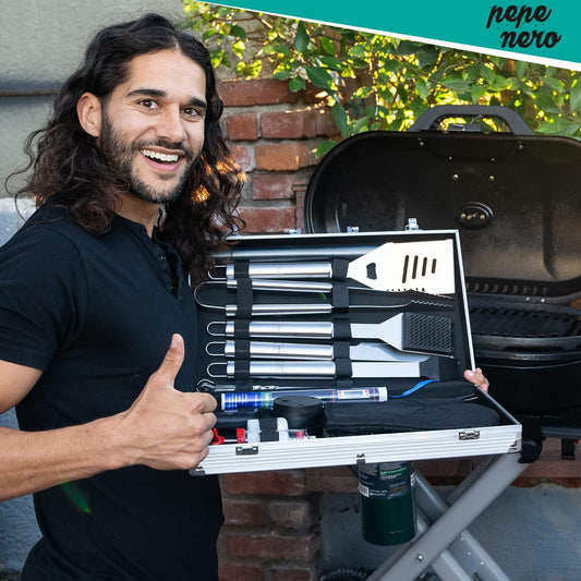 Grill Smoker Barbecue Accessories Tools Set - 29 Pcs Stainless Steel BBQ Flat Top Grill Tool Kit with Case for Outdoor Cooking & Camping – Deluxe Grilling Gift for Men (Aluminum Case)