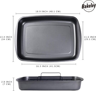 Bakeley Roasting Pan, Nonstick Roaster Pan with Rack, Turkey Roasting Pan with V Rack, 19 Inch X 13 Inch, Black