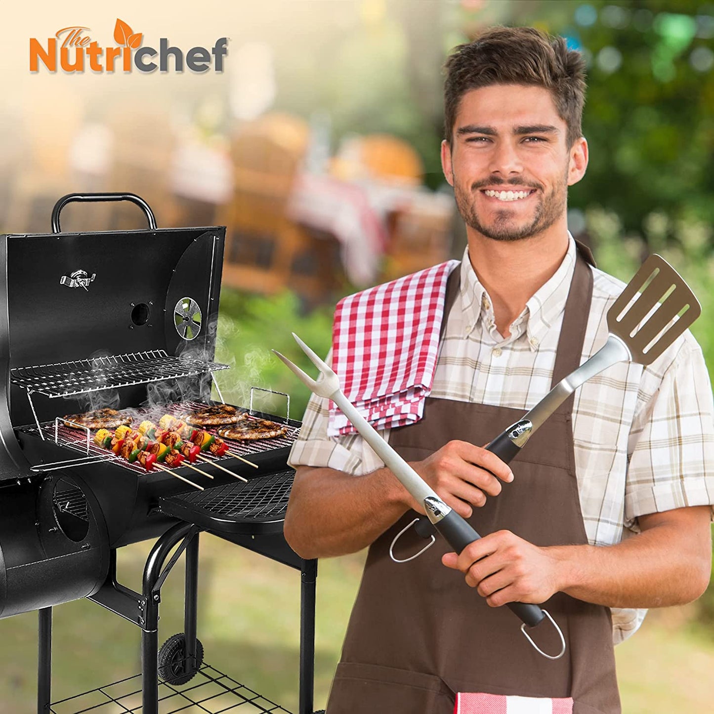 kitchen Charcoal Grill Offset Smoker with Cover, Portable Stainless Steel Grill, Outdoor Camping BBQ and Barrel Smoker (Black)