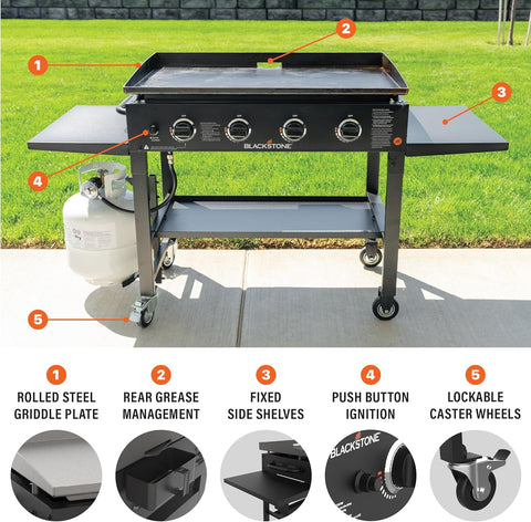 Image of 36 Inch Gas Griddle Cooking Station 4 Burner Flat Top Gas Grill Propane Fuelled Restaurant Grade Professional 36” Outdoor Griddle Station with Side Shelf (1554)