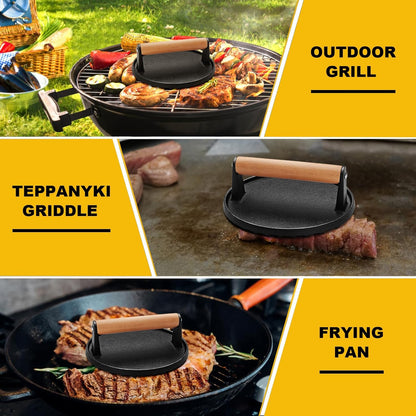 AIVIKI Burger Press, Smash Burger Press for Blackstone Griddle, Heavy Duty Cast Iron round 6.9In Bacon Grill Press with Wood Handle, Meat Steak Weight for Sandwich, Paninis (Round)