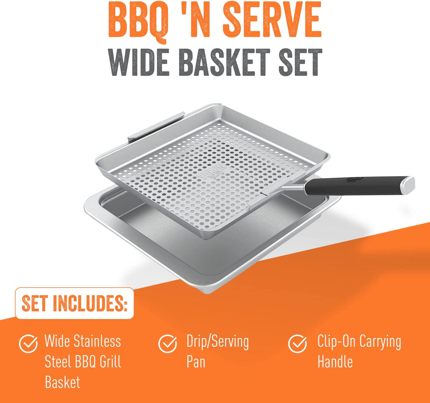 Yukon Glory™ BBQ 'N SERVE Wide Basket Set - BBQ Grill Basket - the Grilling Basket Includes a Serving Tray & Clip-On Handle - Perfect Grill Baskets for Outdoor Grill Vegetables or Fish Basket & Meat