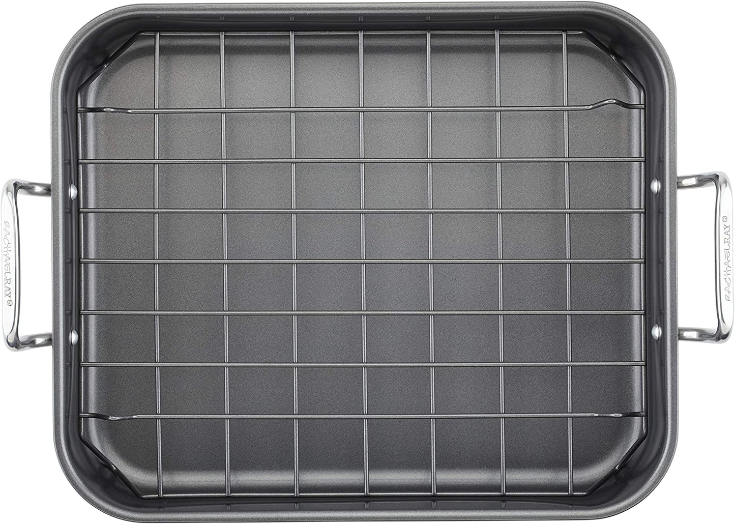 Rachael Ray Bakeware Nonstick Roaster/Roasting Pan with Reversible Rack, 16.5 Inch X 13.5 Inch, Gray