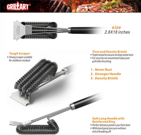 Image of Grill Brush and Scraper with Deluxe Handle, Safe Wire Grill Brush BBQ Cleaning Brush Grill Grate Cleaner for Gas Infrared Charcoal Porcelain Grills, BR-8529