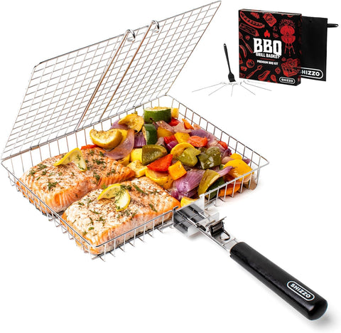 Image of Grill Basket, Barbecue BBQ Grilling Basket , Stainless Steel Large Folding Grilling Baskets with Handle, Portable Outdoor Camping BBQ Rack for Fish, Shrimp, Vegetables, Barbeque Griller Cooking Accessories