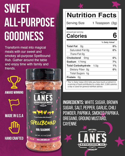 Lane'S Spellbound Pork Rub Seasoning - Premium Sweet and Smoky Pork Butt Rub, Rib Rub & Chicken Rub | Deep, Rich, Smoky Flavor | All Natural | Gluten Free | No MSG | NO Preservatives - 11.7Oz