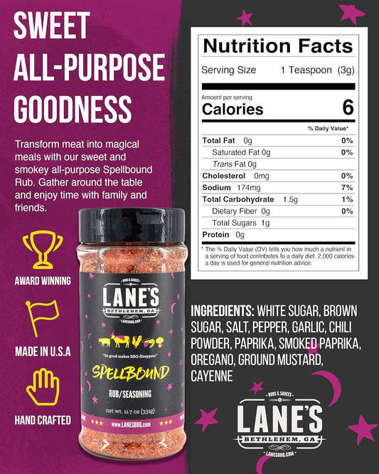 Lane'S Spellbound Pork Rub Seasoning - Premium Sweet and Smoky Pork Butt Rub, Rib Rub & Chicken Rub | Deep, Rich, Smoky Flavor | All Natural | Gluten Free | No MSG | NO Preservatives - 11.7Oz