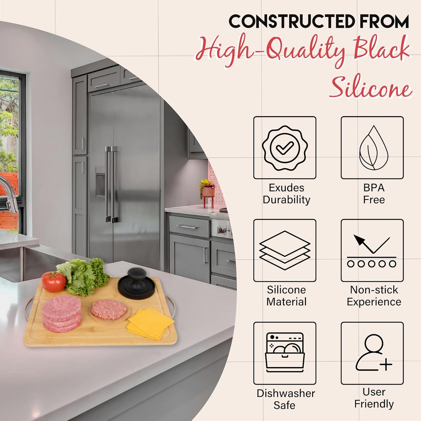 Burger Patty Maker W/100 Unbleached Patty Papers - Hamburger Press Patty Maker for 4.5-6" Hamburger Patties - Non Stick Silicone Burger Press Patty Maker - Dishwasher Safe Hamburger Patty Maker