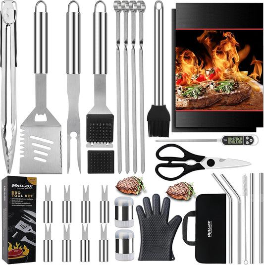 31PC BBQ Grill Accessories Set, Heavy Duty BBQ Tools Set for Men & Women Gift, Grill Utensils Kit with Scissors, Grilling Accessories with Storage Bag for Smoker, Camping Barbecue