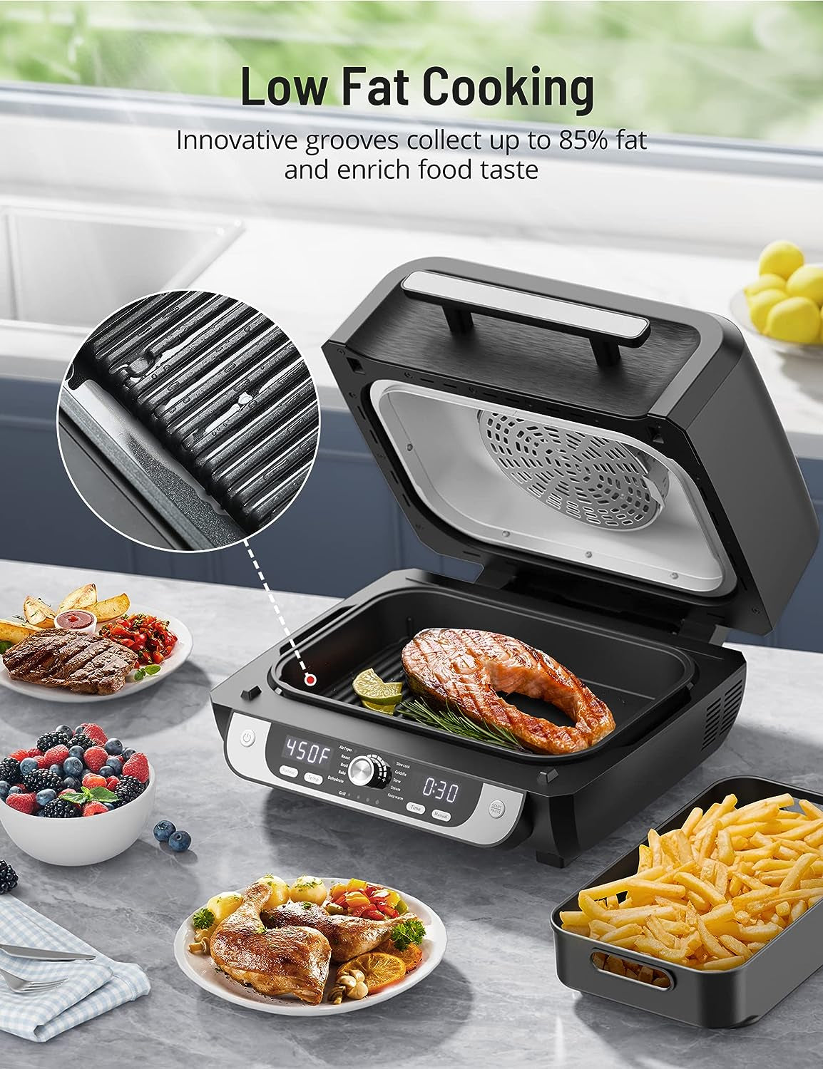 Smokeless Indoor Grill with Air Fryer,  Electric Air Fryer Grill Combo, 12-In-1 for Grill, Griddle, Slow Cook, Broil, Bake, Crisp, Roast, Dehydrate, Dual Heating Elements, Easy Knob Control