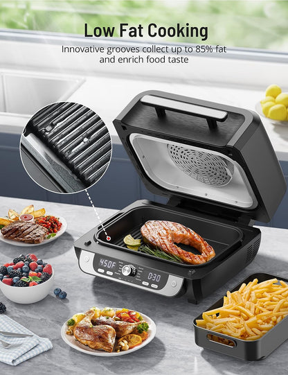 Smokeless Indoor Grill with Air Fryer,  Electric Air Fryer Grill Combo, 12-In-1 for Grill, Griddle, Slow Cook, Broil, Bake, Crisp, Roast, Dehydrate, Dual Heating Elements, Easy Knob Control