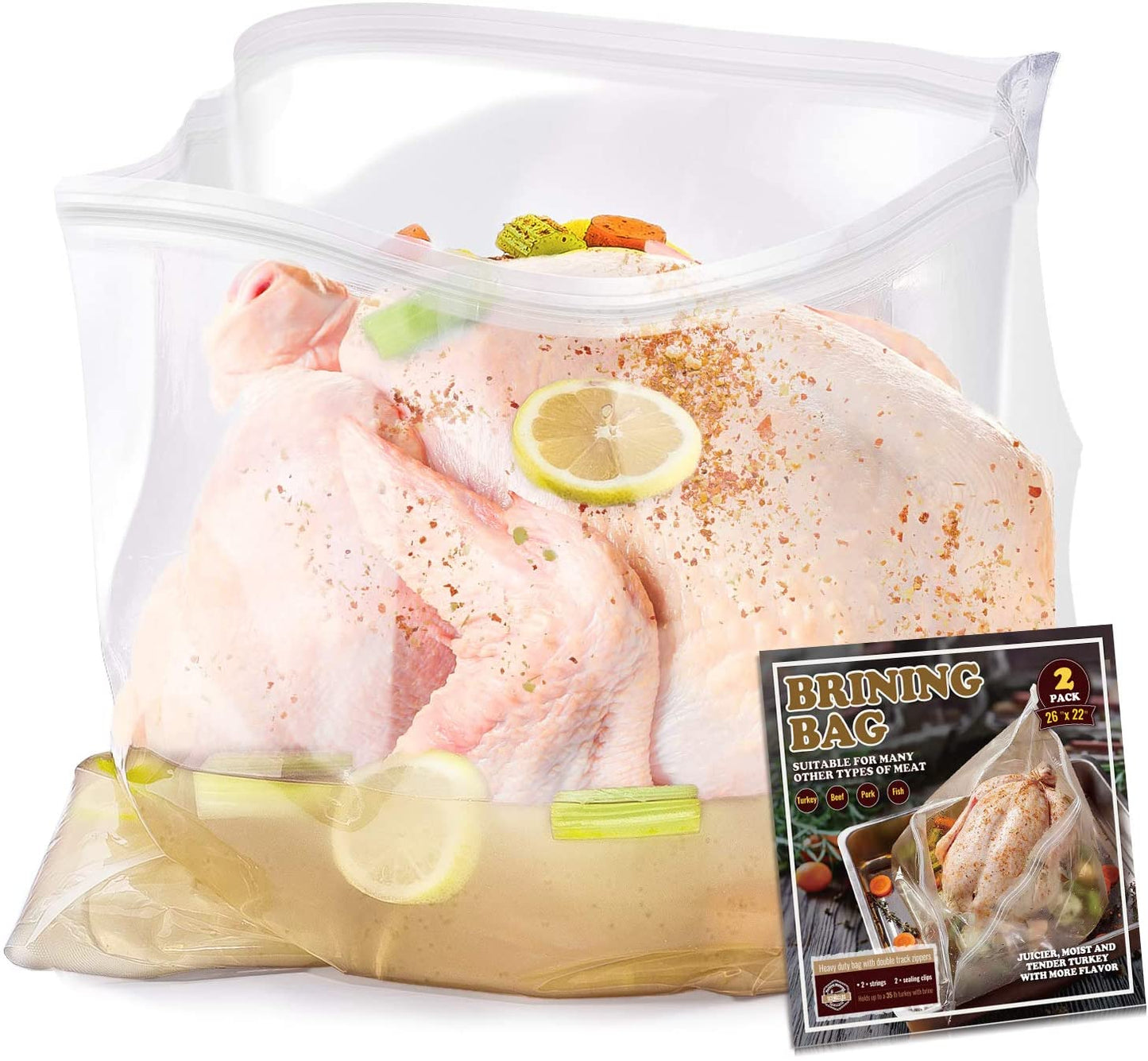 Turkey Brining Bag, 26"×22", 2 Pack, Extra Large Brine Bag with 2 Strings and 2 Larger Clips, Thickened Brining Bag Holds up to 35 Pounds, Double Zippers Seal Brine Bags for Turkey, Chicken, Beef,Pork