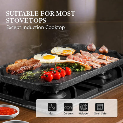 Nonstick Griddle Grill Pan, Pro-Grid Reversible Grill & Griddle Pan, Two Burner Cast Aluminum Griddle, Portable for Indoor Stovetop or Outdoor Camping BBQ, 19.5" X 10.7"