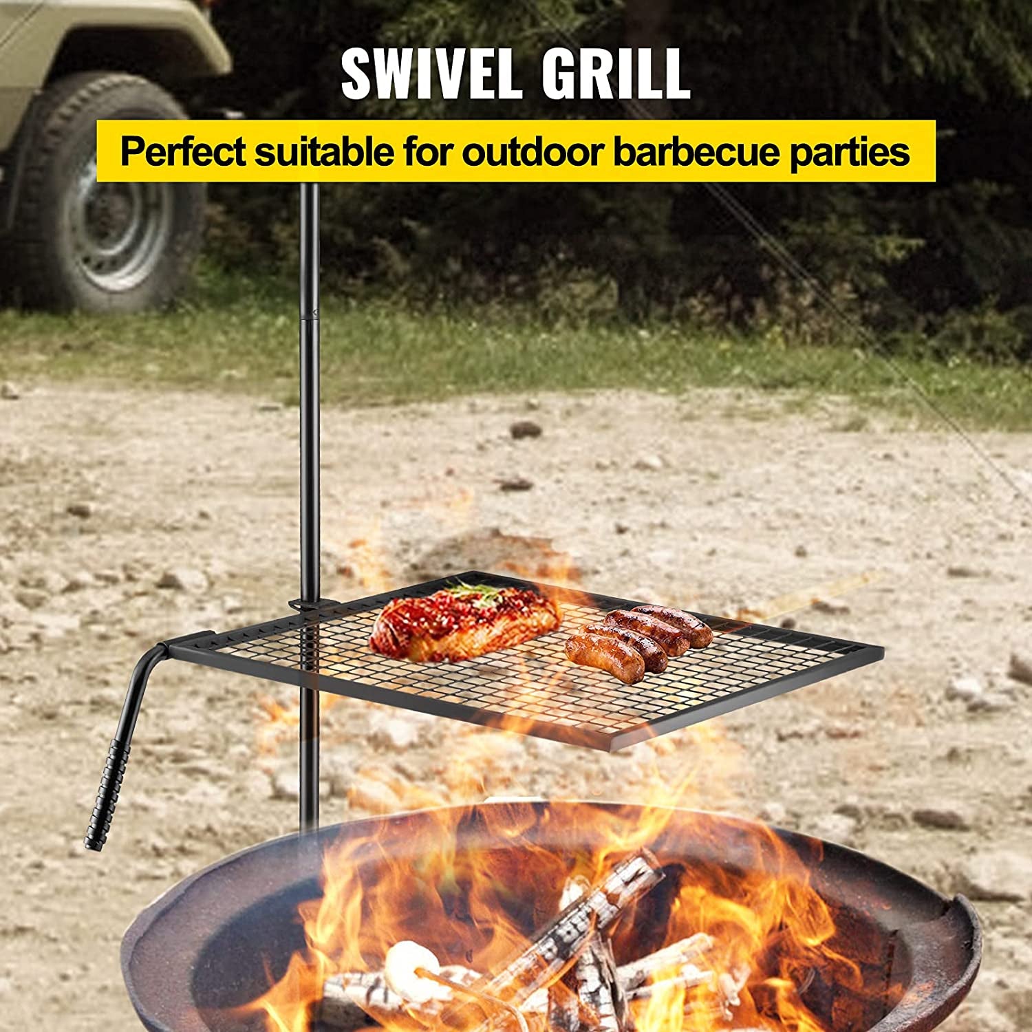 Swivel Grill, Heavy Duty Steel Campfire Grill,Single Layer Open Fire Grill, 24" X 24" Campfire Swivel Grill with Heat Dissipation Handle, Campfire Grill Stake for Outdoor Open Flame Cooking
