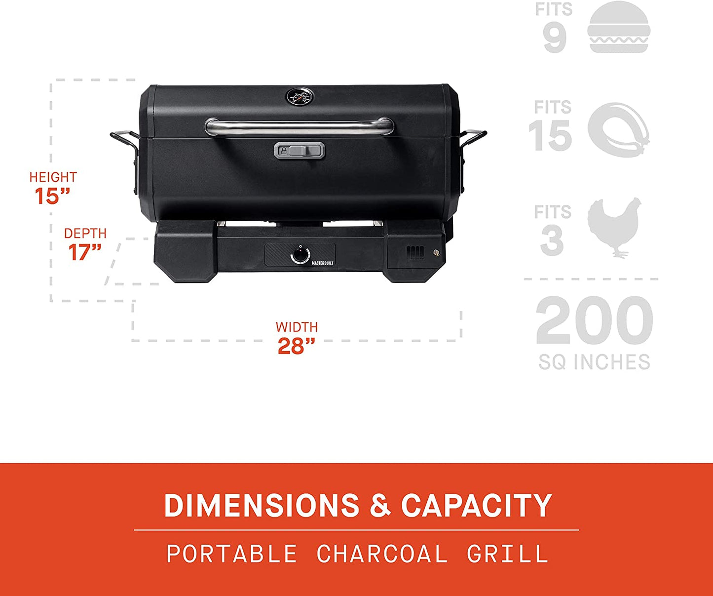 MB20040522 Portable Charcoal Grill without Cart, 17"D X 28"W X 9"H, Black