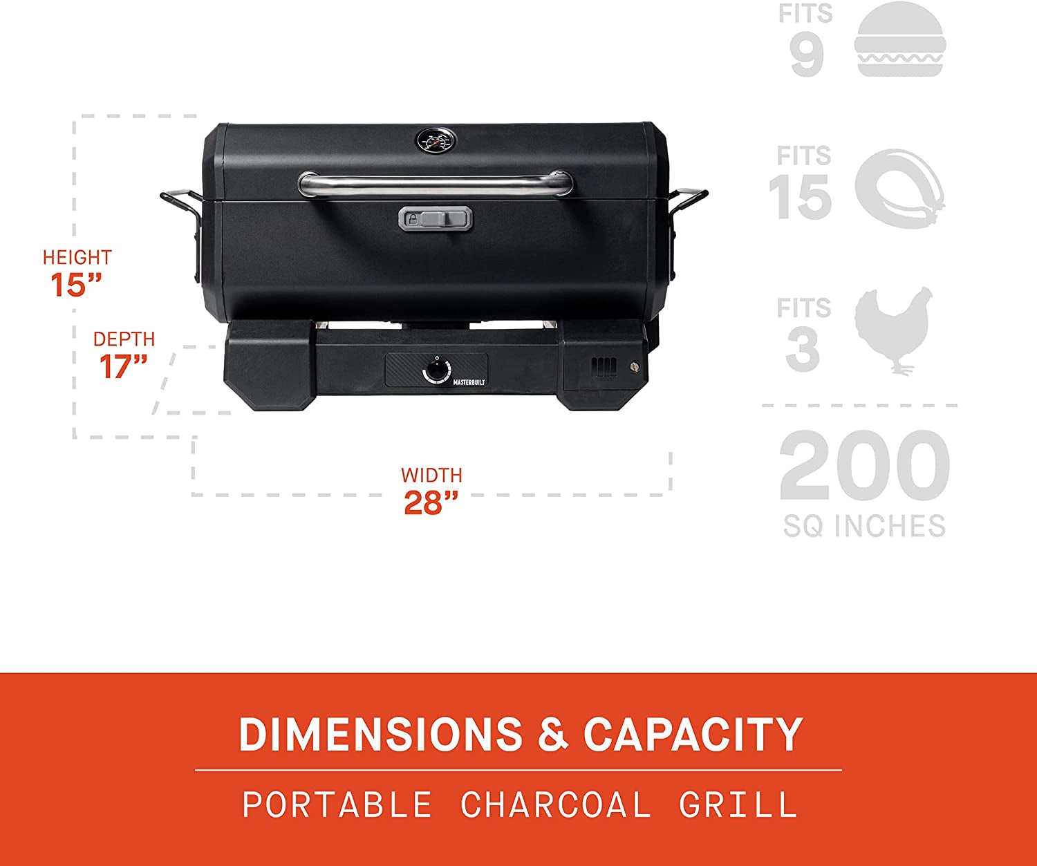 MB20040522 Portable Charcoal Grill without Cart, 17"D X 28"W X 9"H, Black