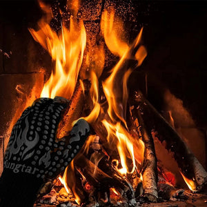 Mitts Oven Gloves with Fingers BBQ Heat Resistant Gloves Oven Gloves 1472℉ 14Inch Cut Resistant Cooking Grill Gloves Silicone Non-Slip Cooking Gloves for Grilling/Baking for Gift (Large, Black)