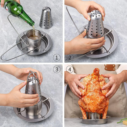 AMOZO Beer Can Chicken Roaster Stand - the New Stainless Steel Chicken Holder - Poultry Roasters with Flavouring Container.(1 Pack)