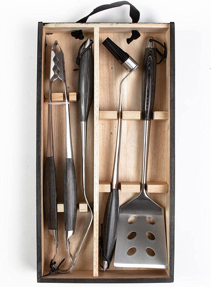 Schmidt Brothers - BBQ Ash 4 Piece Grill Set, Full-Forged Stainless Steel Grilling Utensils Including Spatula, Fork, Basting Brush, and Tongs with All Wood Handles