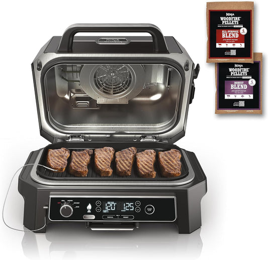 OG850 Woodfire Pro XL Outdoor Grill & Smoker with Built-In Thermometer, 4-In-1 Master Grill, BBQ Smoker, Outdoor Air Fryer, Bake, Portable, Electric, Blue