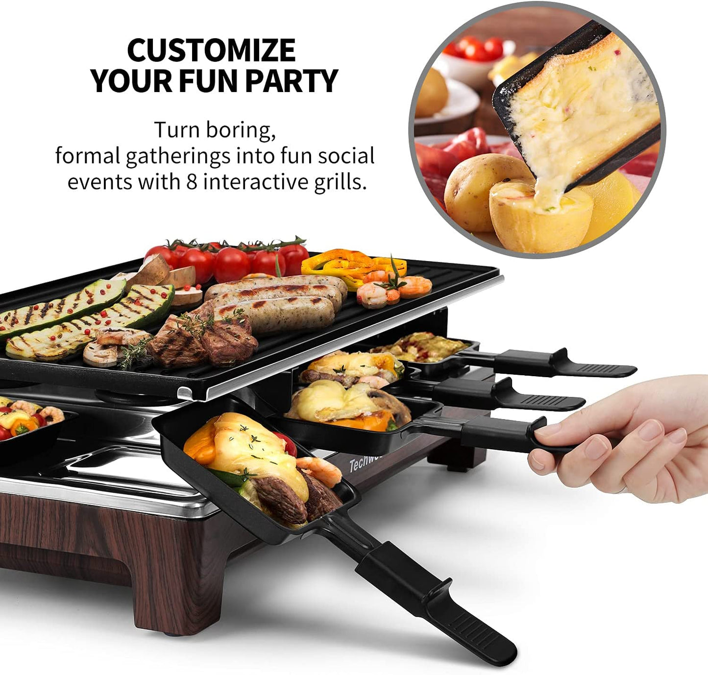 Raclette Grill,  Electric Table Indoor Grill Korean BBQ Grill, Removable 2-In-1 Non-Stick Grill Plate, 1500W Fast Heating with 8 Cheese Melt Pans, Ideal for Parties and Family Fun (Wood Grain)