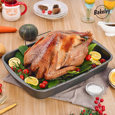 Image of Bakeley Roasting Pan, Nonstick Roaster Pan with Rack, Turkey Roasting Pan with V Rack, 19 Inch X 13 Inch, Black