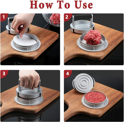 OVOS Burger Press Adjustable Thickness 3 in 1 Hamburger Patty Maker Aluminum Non Stick Patty Making Mold with 100 Wax Papers for Burgers and Meat Patties