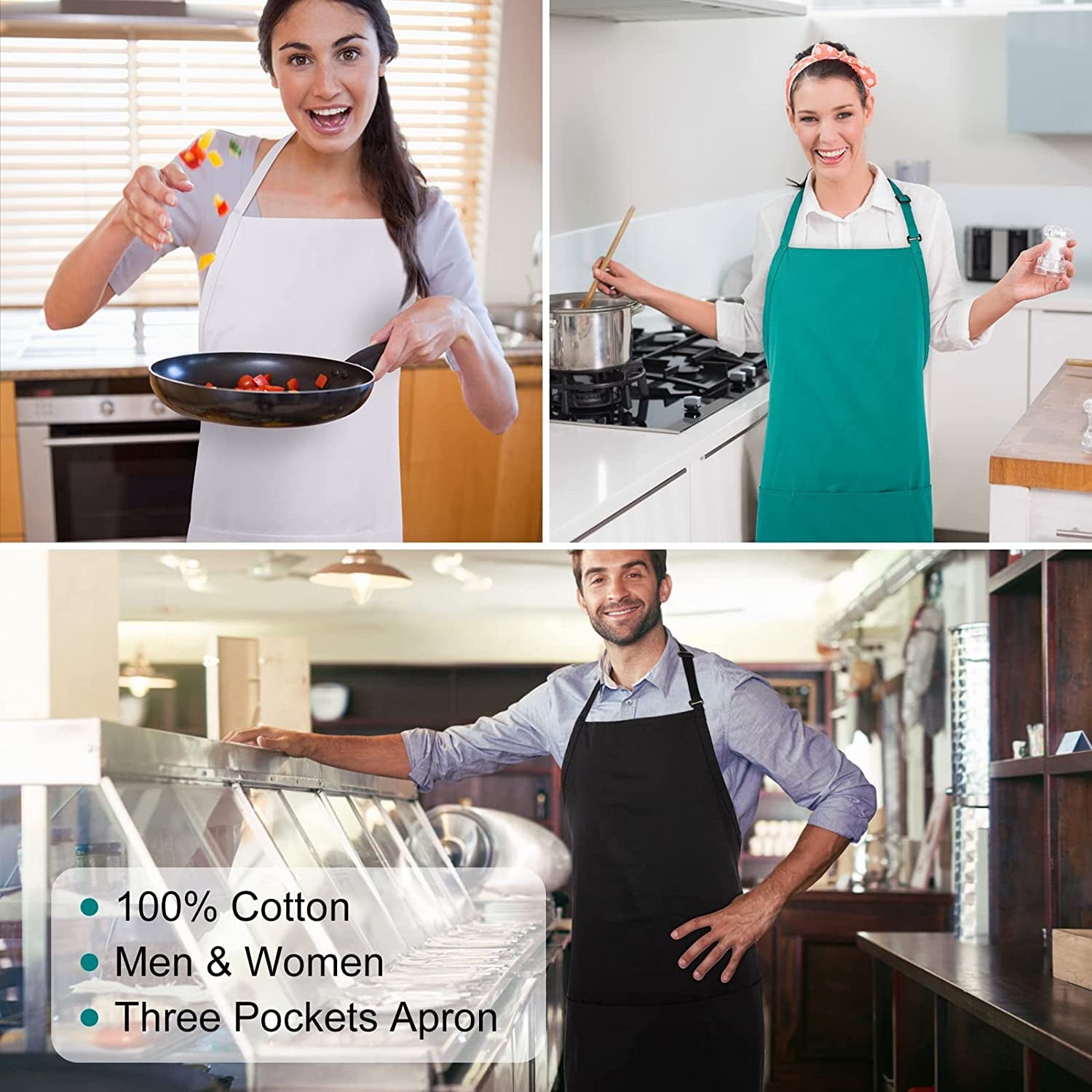 2 Pack 3 Pockets 100% Cotton Adjustable Bib Apron Chef Kitchen Cooking Aprons for Women Men, Black
