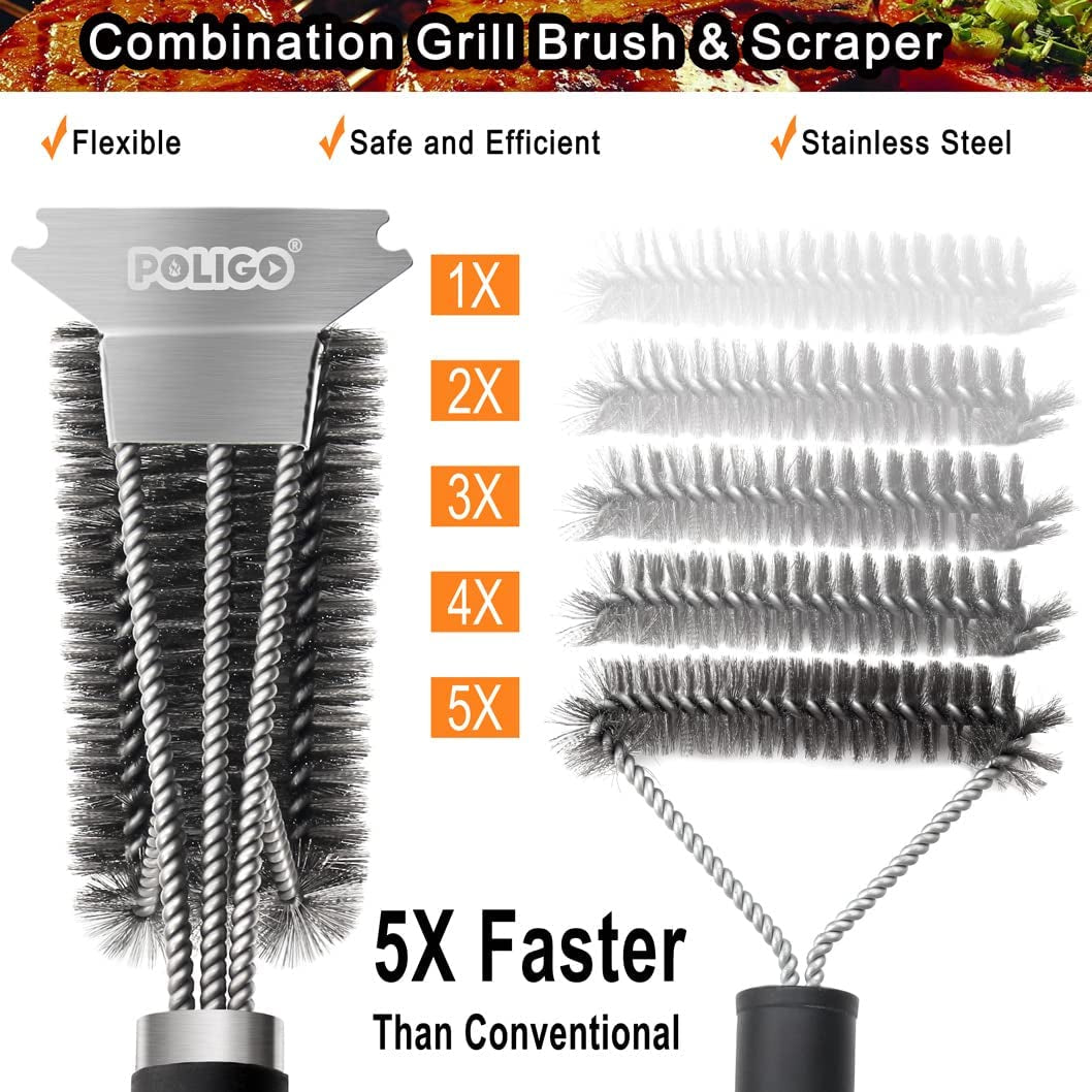 Safe Grill Brush and Scraper with Deluxe Handle - 18" Grill Cleaner Brush Stainless Steel Bristle Grill Brush for Outdoor Grill Wizard Grate - BBQ Brush for Grill Cleaning Ideal Grilling Gifts