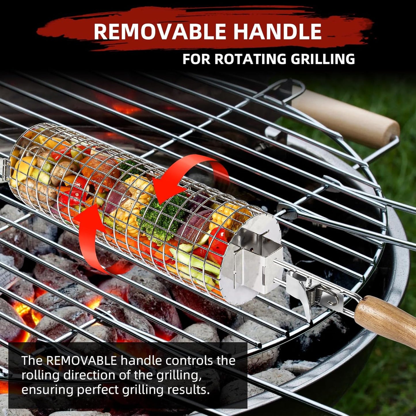 CEBERVICE Rolling Grilling Baskets, SUS304 Stainless Steel, REMOVABLE WOODEN HANDLE, Portable BBQ Outdoor Camping round Cylinder Grilling Rack for Fish, Vegetables, Shrimp, Barbeque Griller Cooking Accessories Gifts for Men, Dad, Father, Husband